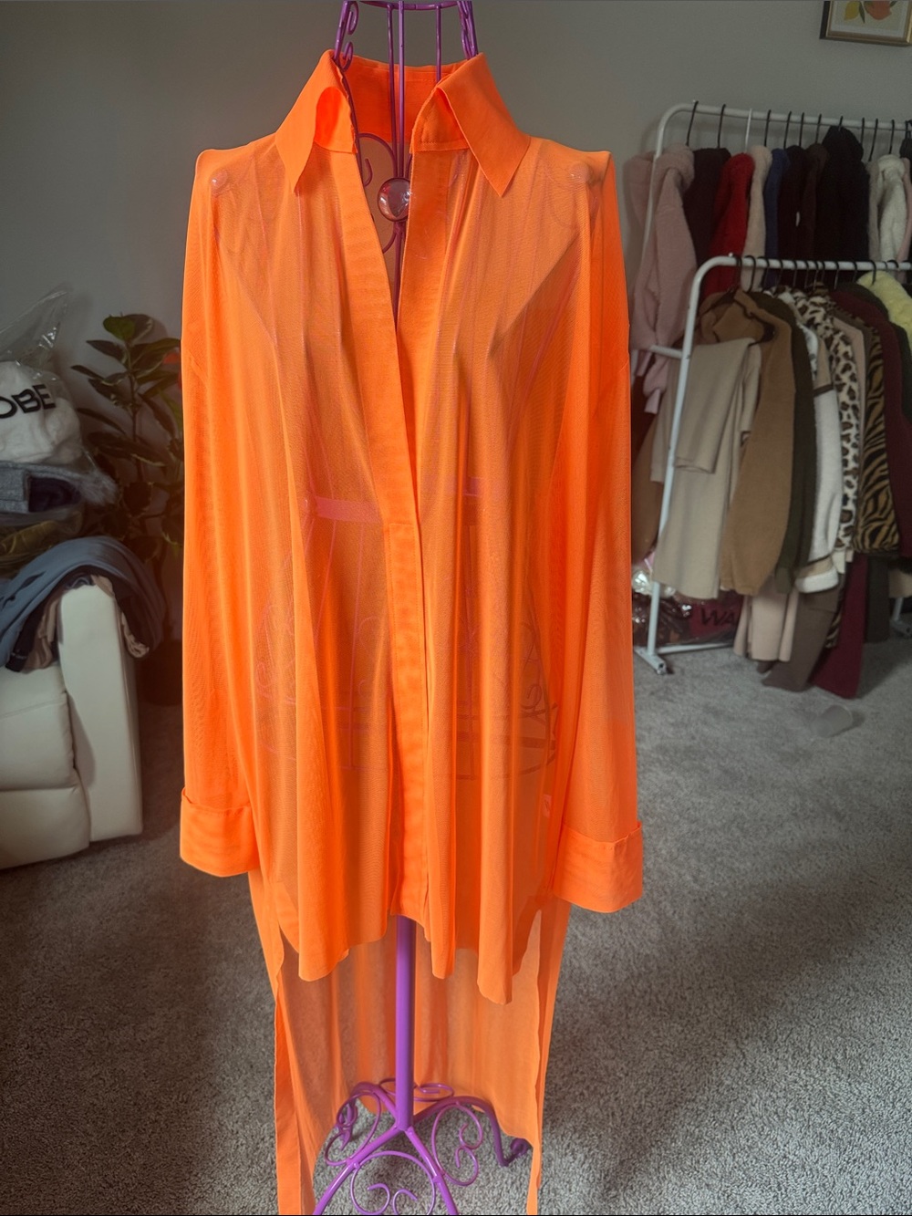 Norma Kamali Sheer boyfriend shirt in Vibrant Orange